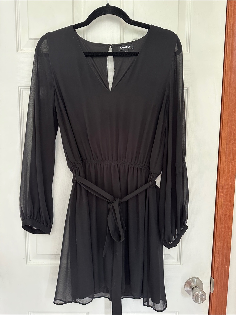 NWOT Express Black Long Sleeve Sheer Tie-Waist Dress
